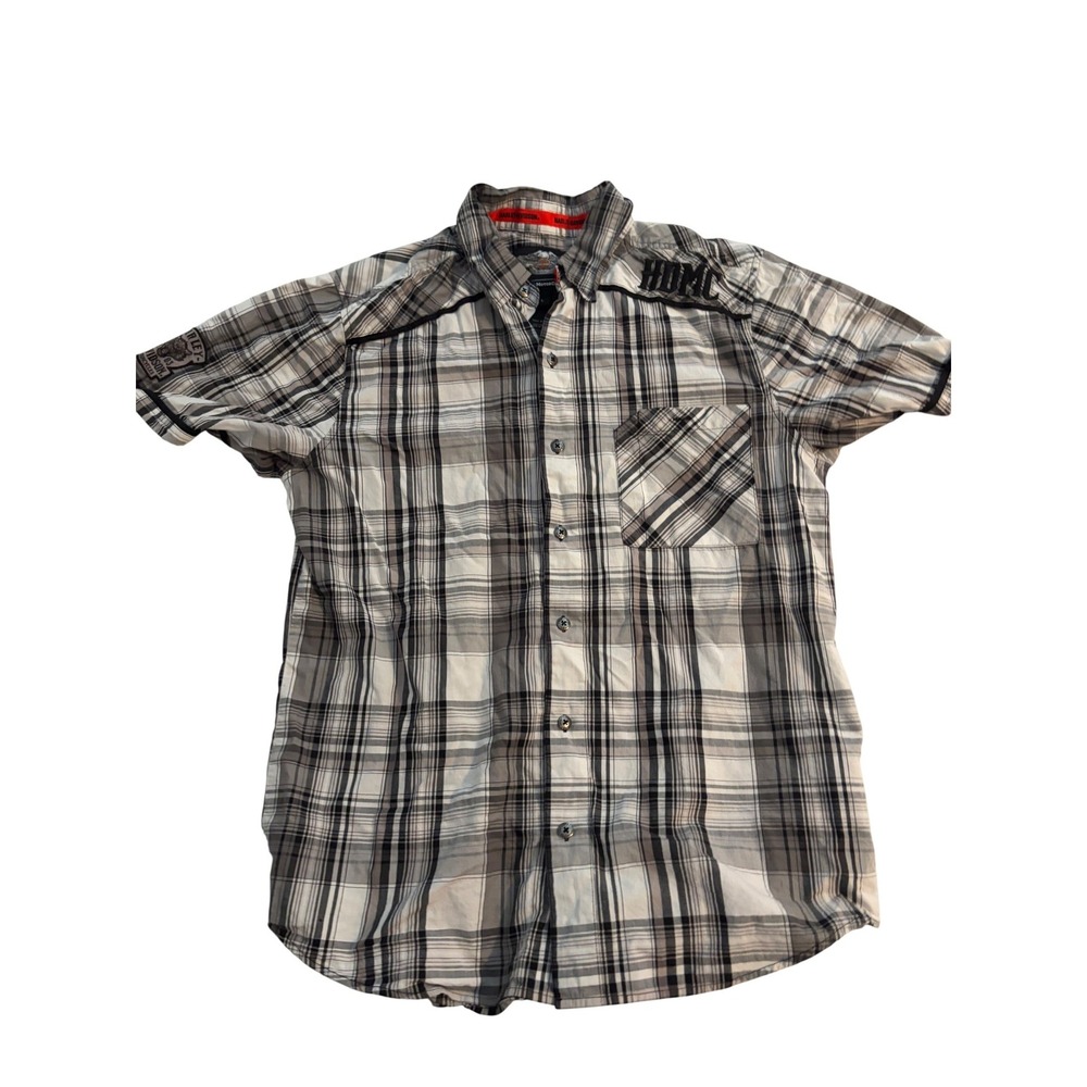 Harley Davidson Shirt Biker Plaid Grey Embroidered Back‎ Logo Large